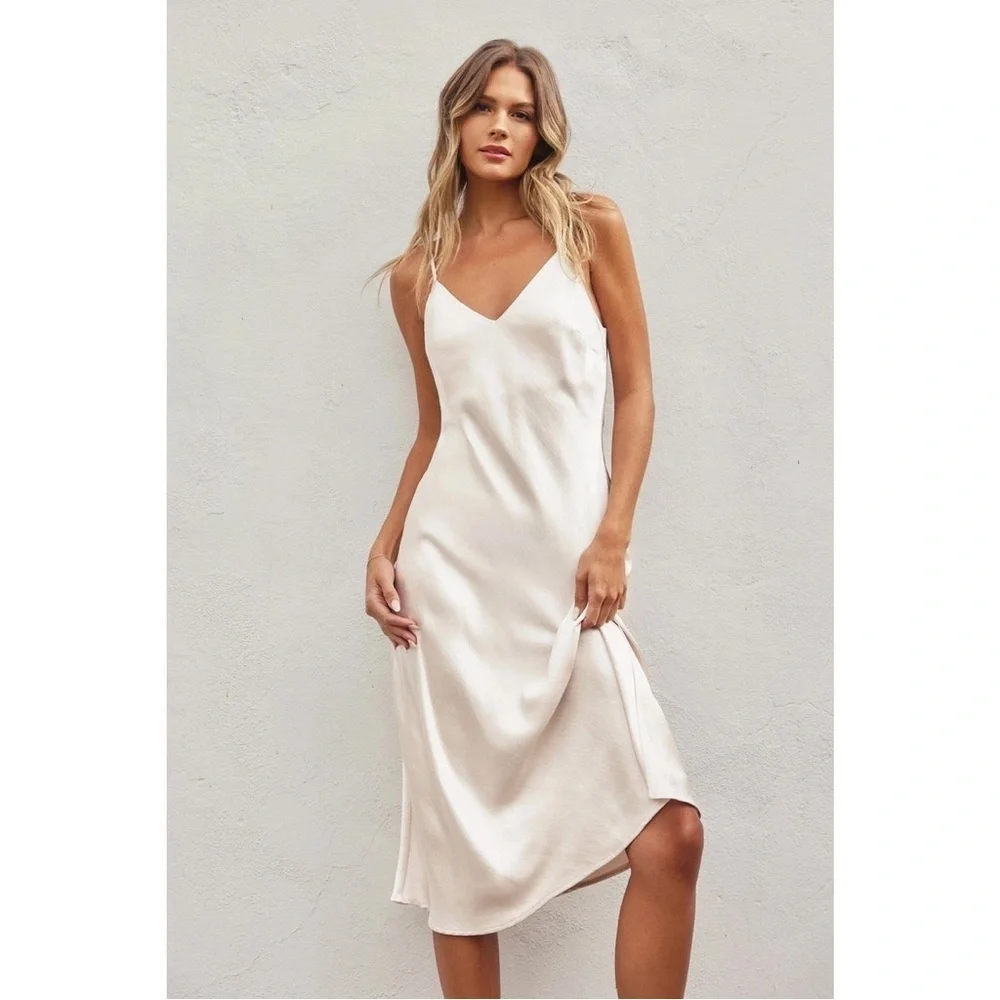 Dress Forum taupey V-Neck Slip Dress silky soft sheath satin - Picture 1 of 10